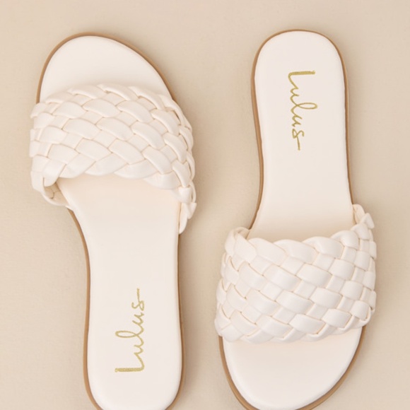 Lulus Herriman Bone Woven Flat Slide Sandals White - Size 7 - Picture 1 of 1